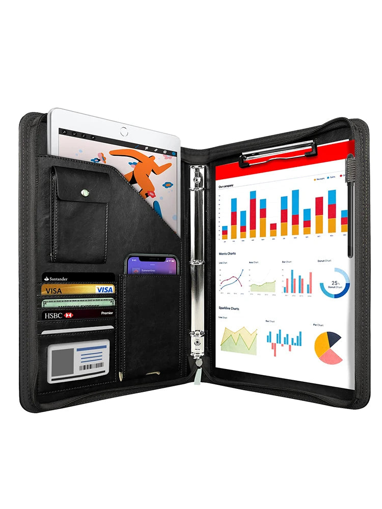 Multifunctional A4 Leather Conference Folder for Professionals - Travel Document & Contract Organizer
