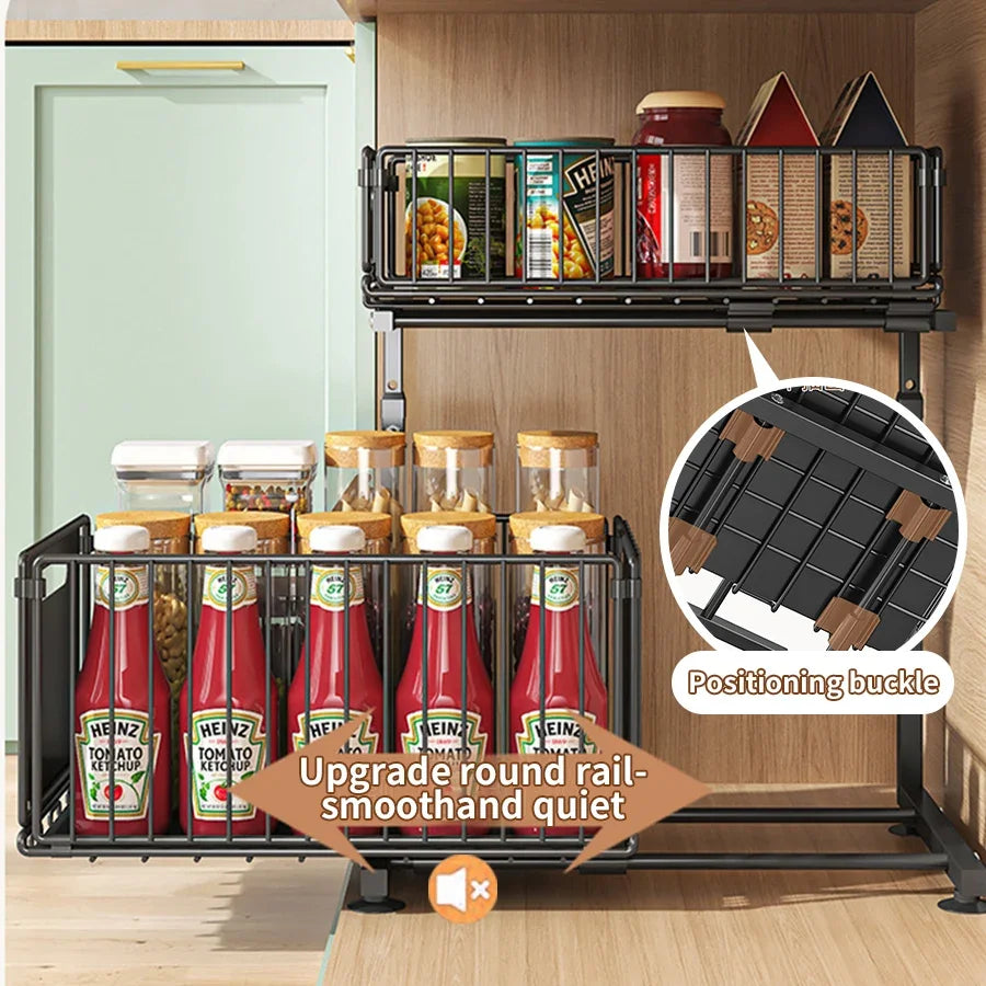 Pull-Out Under Sink Organizer for Kitchen & Bathroom - 2-Tier Adjustable Sliding Shelf in Black & White