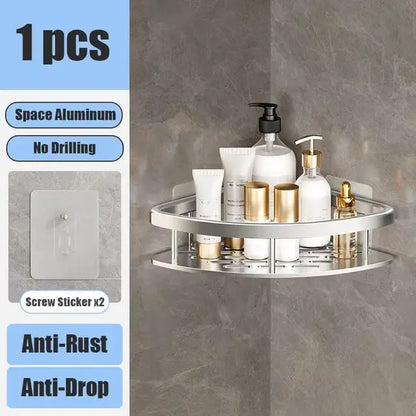 Wall-Mounted Aluminum Bathroom Shelf for Shampoo & Toiletries – No Drill Corner Rack for Showers & Kitchens
