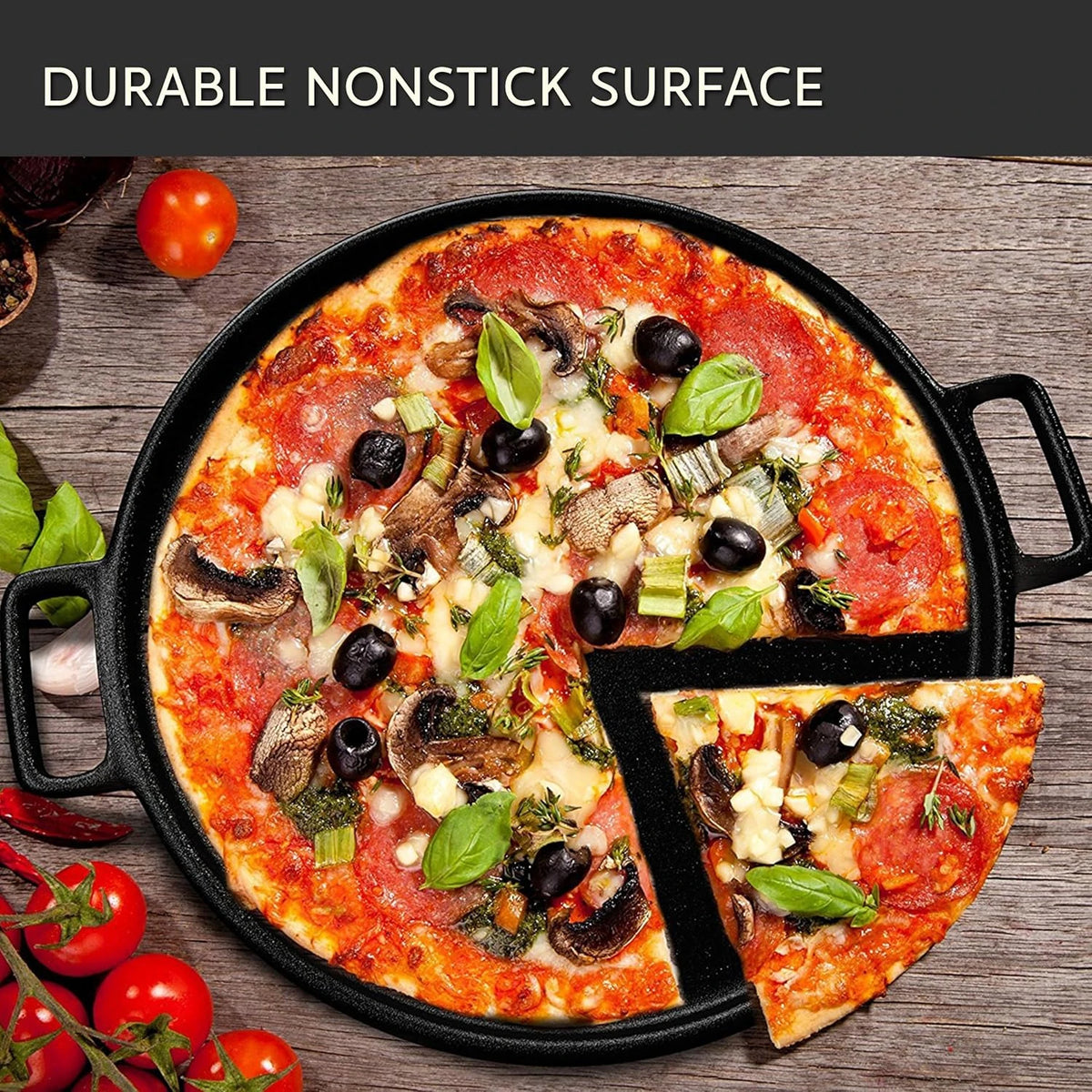 Cast Iron Skillet for Perfect Pizza, Eggs, Pancakes & Veggies - Non-Stick BBQ Frying Pan for Outdoor Cooking