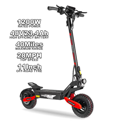 EOEOTWO 1200W Off-Road Electric Scooter for Adults - 30MPH, 48V, 11" Tubeless Tires, Foldable & Long Range