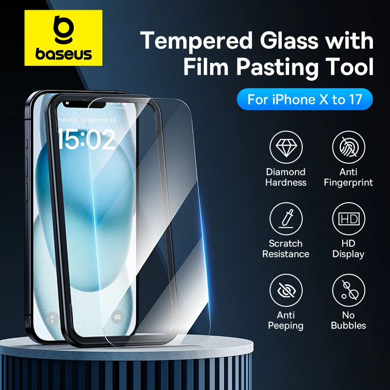 Baseus Tempered Glass Screen Protector for iPhone 17, 16 Pro Max, 15, 14, 13, 12, 11 - Clear Anti-Peeping Edge Film
