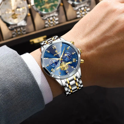 Luxury Men's Waterproof Chronograph Watch - POEDAGAR Stainless Steel Luminous Quartz Wristwatch for Confident Men
