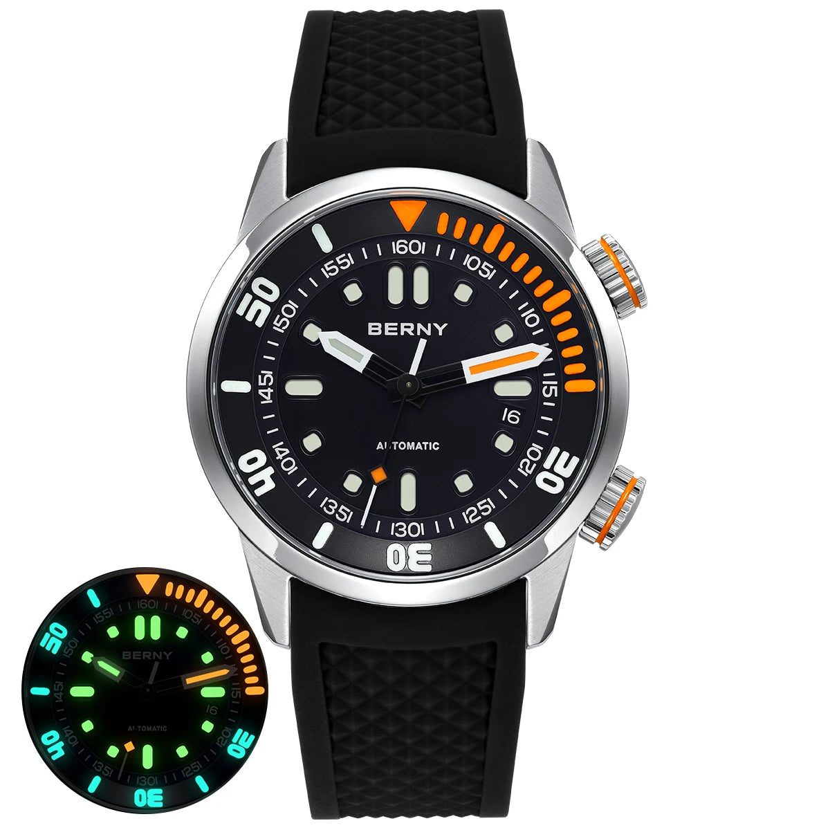 BERNY Men's 20Bar Diver Mechanical Watch - Miyota 8215, Luminous Sapphire, Automatic Silicone Wristwatch for Swimming