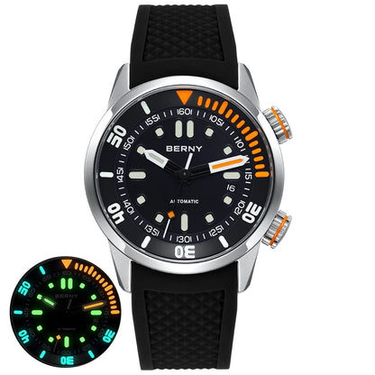 BERNY Men's 20Bar Diver Mechanical Watch - Miyota 8215, Luminous Sapphire, Automatic Silicone Wristwatch for Swimming
