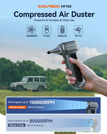 WOLFBOX MF100 Electric Air Duster - 150,000 RPM Rechargeable Blower for Cars, PCs, Homes & Outdoors