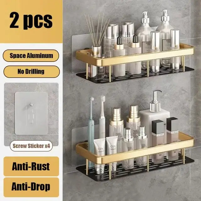 Wall-Mounted Aluminum Bathroom Shelf for Shampoo & Toiletries – No Drill Corner Rack for Showers & Kitchens