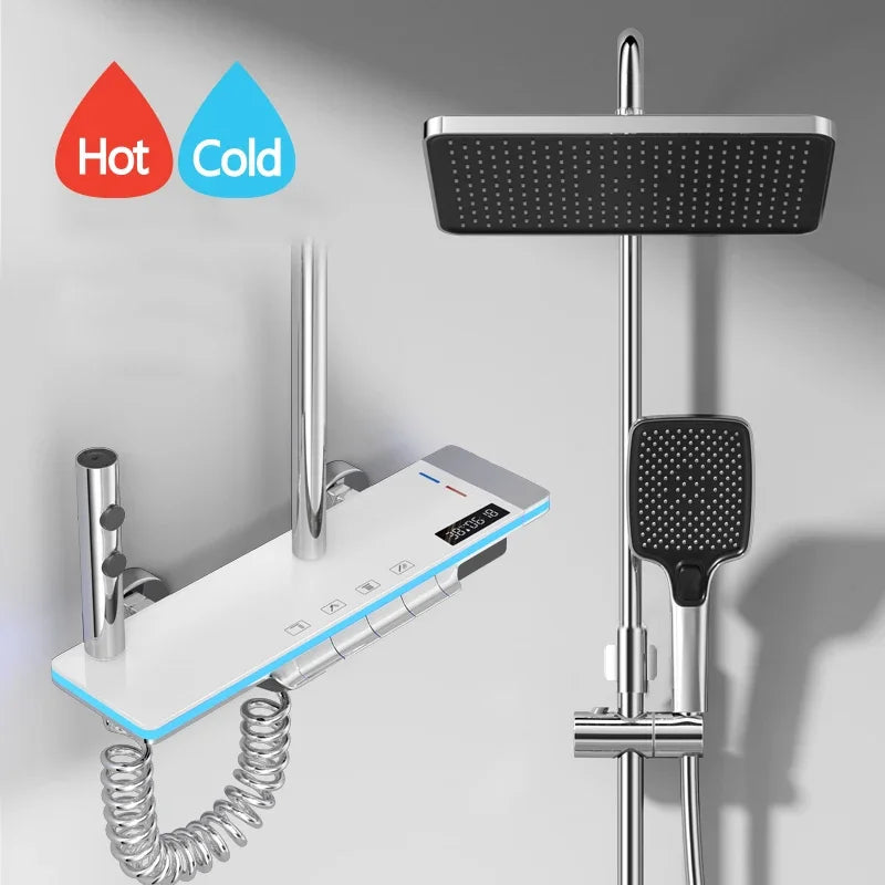 Luxury Digital Shower System with LED Lights & Tempered Glass - Smart Thermostat Mixer Faucet for Modern Bathrooms