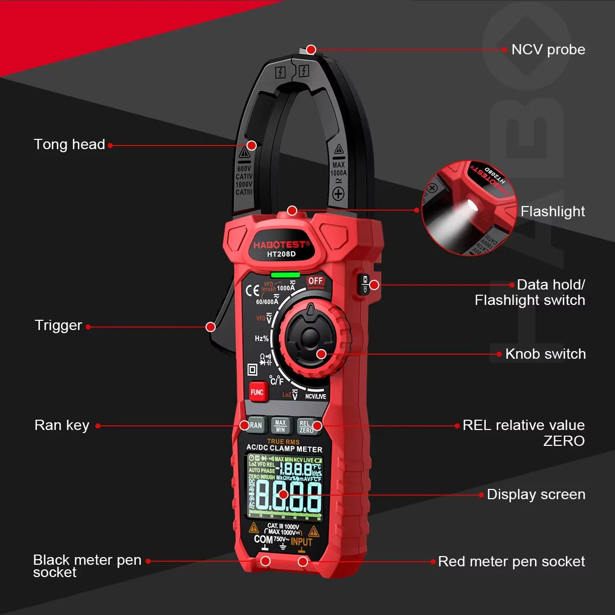 HABOTEST HT208 True RMS Digital Clamp Meter for Electricians - 1000A 1000V AC/DC, Capacitance, Temperature, Ohm & Hz Testing