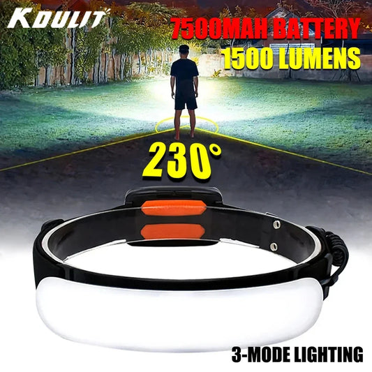 1500LM USB Rechargeable LED Headlamp for Fishing & Camping - 7500mAh Battery, Powerful COB Flashlight
