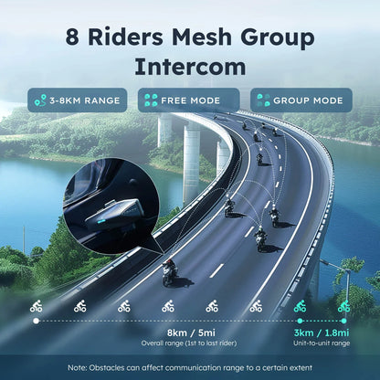 ASMAX S1 Motorcycle Bluetooth Helmet Intercom with Voice Control, FM Radio & ENC for 8 Riders, IPX7 Waterproof