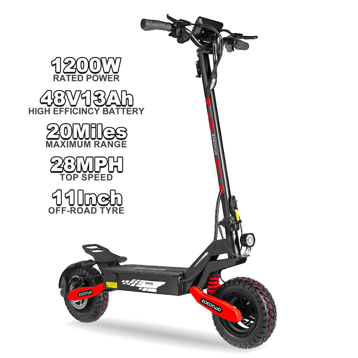 EOEOTWO 1200W Off-Road Electric Scooter for Adults - 30MPH, 48V, 11" Tubeless Tires, Foldable & Long Range