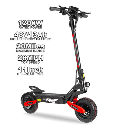 EOEOTWO 1200W Off-Road Electric Scooter for Adults - 30MPH, 48V, 11" Tubeless Tires, Foldable & Long Range