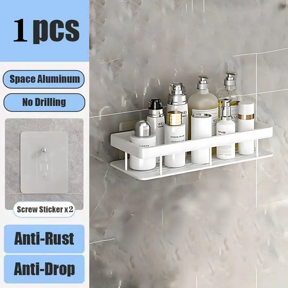 Wall-Mounted Aluminum Bathroom Shelf for Shampoo & Toiletries – No Drill Corner Rack for Showers & Kitchens
