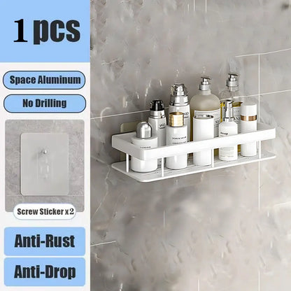 Wall-Mounted Aluminum Bathroom Shelf for Shampoo & Toiletries – No Drill Corner Rack for Showers & Kitchens