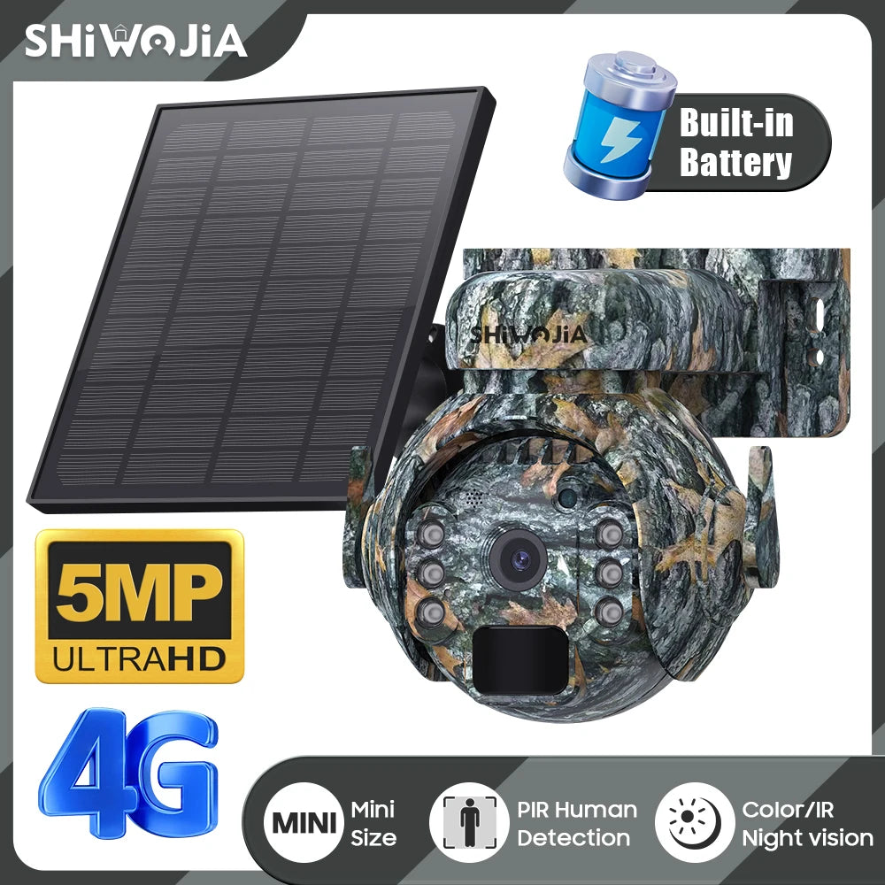 SHIWOJIA 5MP 4G Solar Wildlife Camera - Wireless 360° Outdoor Monitoring with Camouflage & Solar Battery