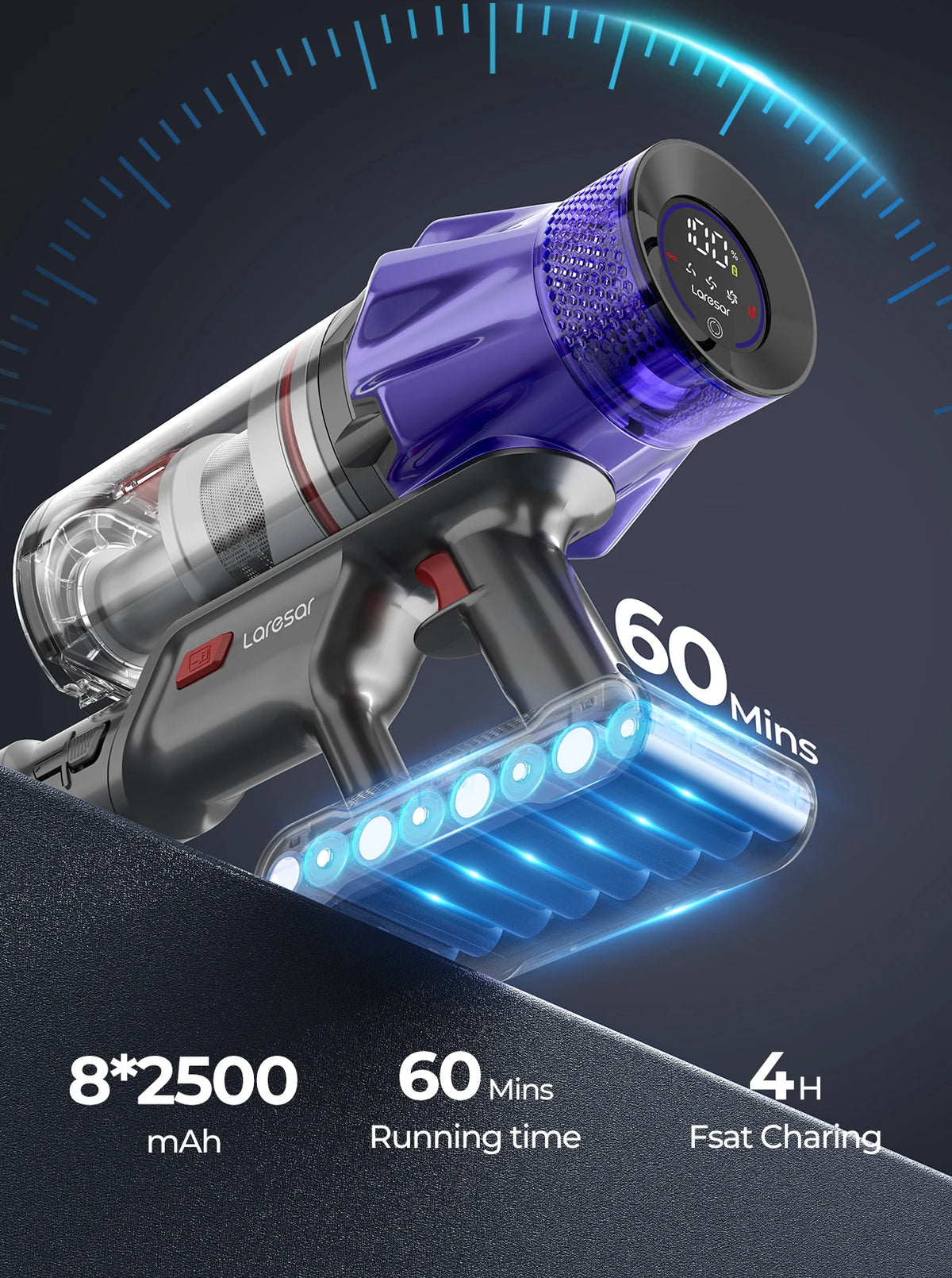 Laresar V7 Cordless Vacuum Cleaner - 500W, 50KPA Suction, Handheld with Removable Battery for Smart Home Cleaning