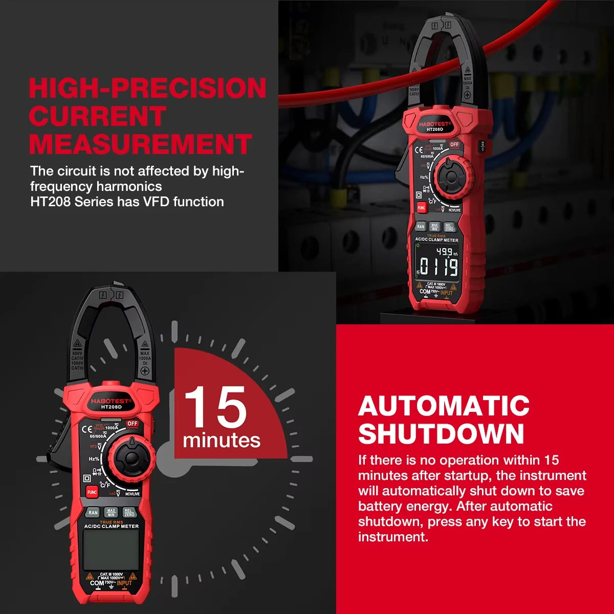 HABOTEST HT208 True RMS Digital Clamp Meter for Electricians - 1000A 1000V AC/DC, Capacitance, Temperature, Ohm & Hz Testing