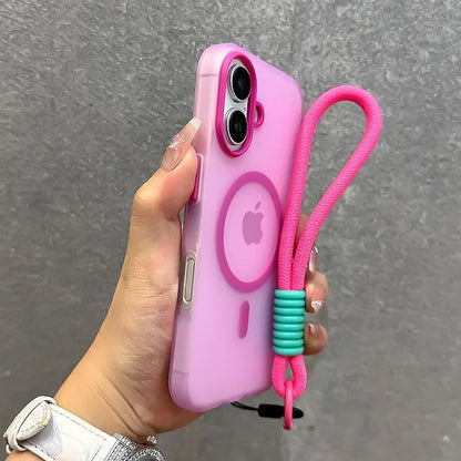 MagSafe Candy Color Contrast Lanyard Case for iPhone 11, 12, 13, 14, 15, 16, 17 Pro Max - Soft Matte Hand Wrist Strap