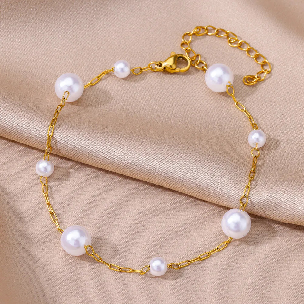 Gold Imitation Pearl Chain Anklet for Women - Summer Beach Leg Bracelet Accessory