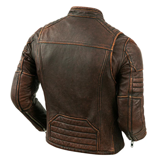 Men's Brown Calfskin Motorcycle Jacket - Retro Stand Collar Biker Gear in Natural Leather