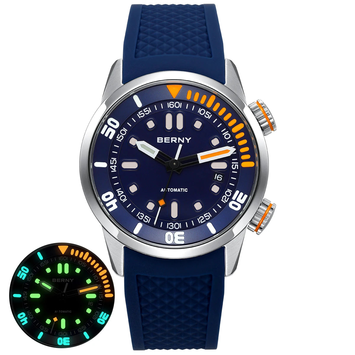 BERNY Men's 20Bar Diver Mechanical Watch - Miyota 8215, Luminous Sapphire, Automatic Silicone Wristwatch for Swimming