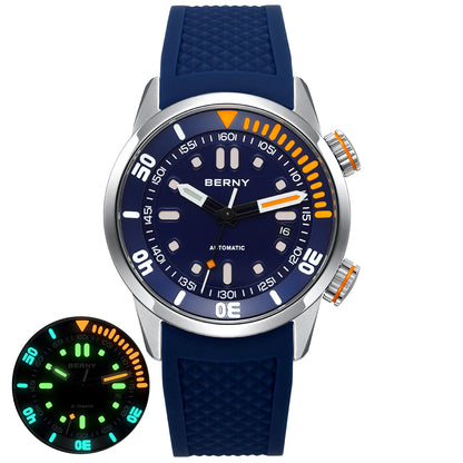 BERNY Men's 20Bar Diver Mechanical Watch - Miyota 8215, Luminous Sapphire, Automatic Silicone Wristwatch for Swimming