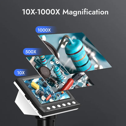 RIEVBCAU 4.3" Digital Microscope for Adults - 1000X Magnification, 1080P Video, 8 LEDs, Ideal for Soldering & Coin Inspection