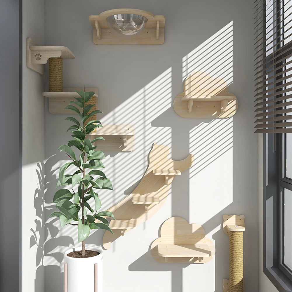 Wall-Mounted Cat Tree with Scratching Post, Jumping Platform, and Hammock for Cats