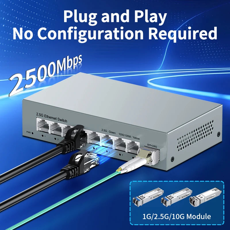 HORACO 8-Port 2.5GbE Ethernet Switch for Homelabs with 10G SFP+ Port - Plug and Play, Fanless Design