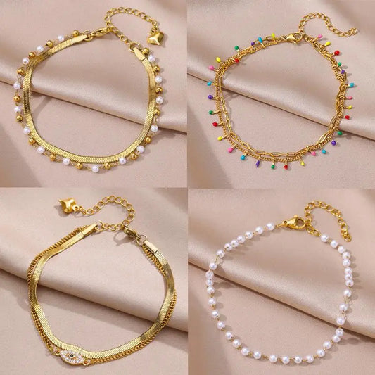 Gold Imitation Pearl Chain Anklet for Women - Summer Beach Leg Bracelet Accessory