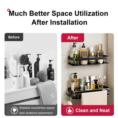 Wall-Mounted Aluminum Bathroom Shelf for Shampoo & Toiletries – No Drill Corner Rack for Showers & Kitchens