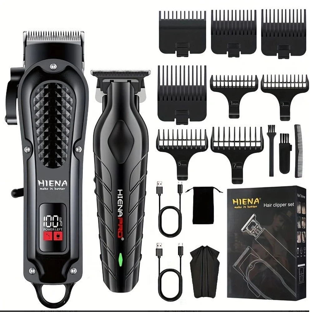 Hiena Hair Clipper Set - Cordless Metal Hair Trimmer with LCD Display for Professionals