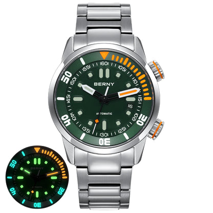 BERNY Men's 20Bar Diver Mechanical Watch - Miyota 8215, Luminous Sapphire, Automatic Silicone Wristwatch for Swimming