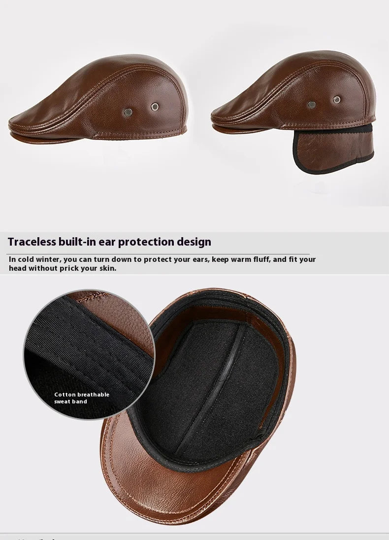 2025 Genuine Leather Beret Hat for Men - Stylish Winter Cap, Warm & Windproof, Vintage Peaked Driver Hat Gift