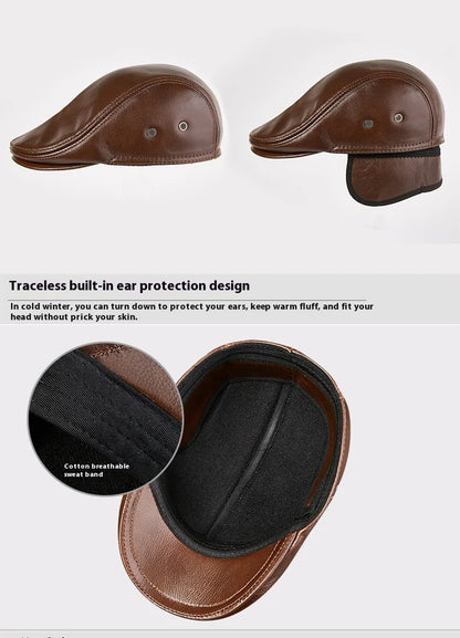 2025 Genuine Leather Beret Hat for Men - Stylish Winter Cap, Warm & Windproof, Vintage Peaked Driver Hat Gift