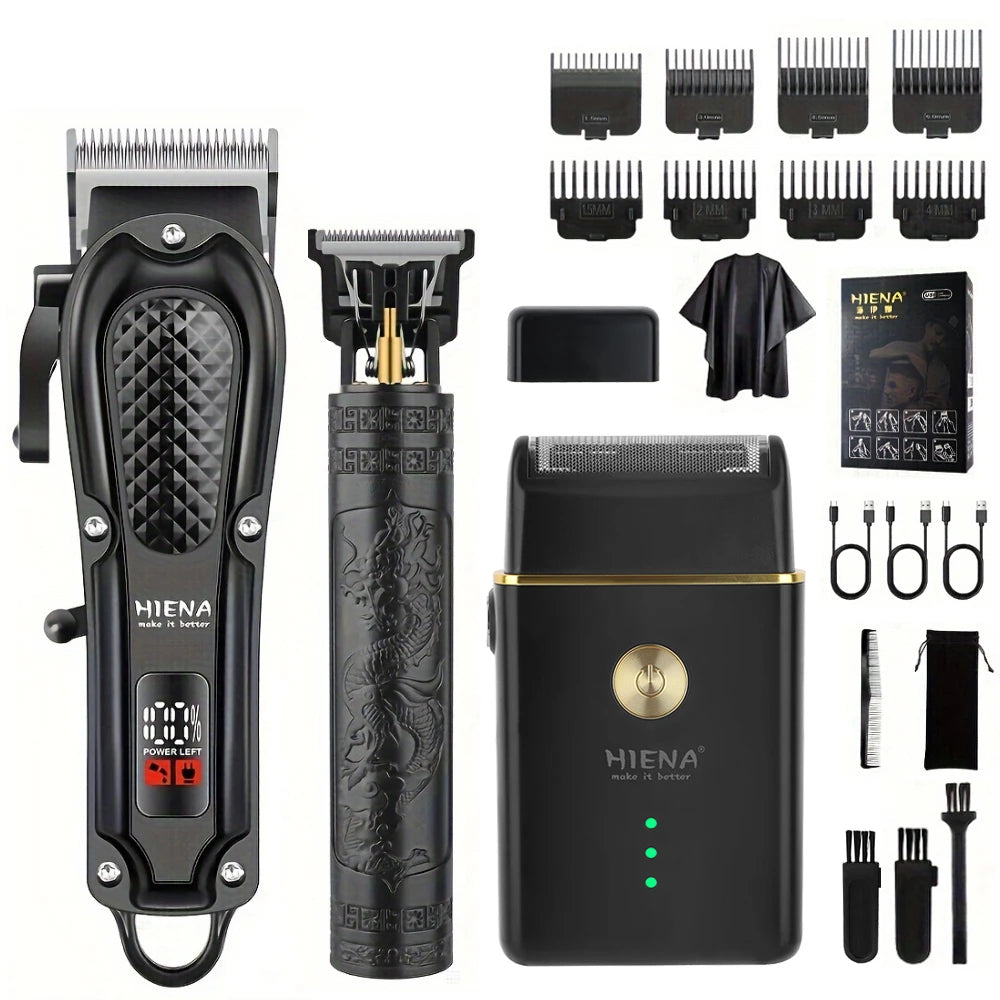 Hiena Hair Clipper Set - Cordless Metal Hair Trimmer with LCD Display for Professionals