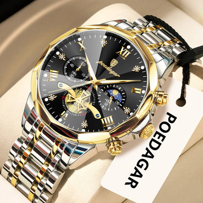 Luxury Men's Waterproof Chronograph Watch - POEDAGAR Stainless Steel Luminous Quartz Wristwatch for Confident Men
