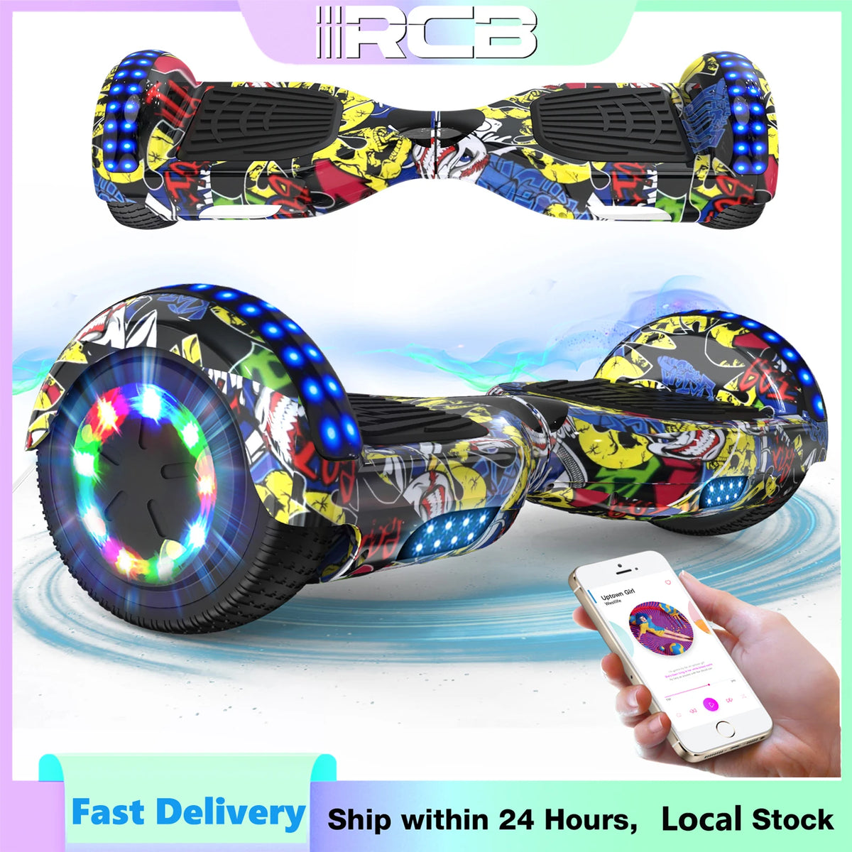 RCB 6.5 Inch Bluetooth Hoverboard with LED Lights - Fun Ride for Kids and Adults