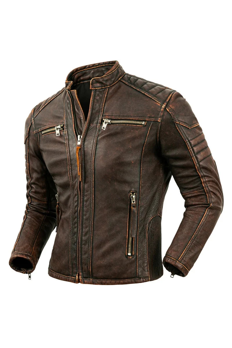 Men's Brown Calfskin Motorcycle Jacket - Retro Stand Collar Biker Gear in Natural Leather