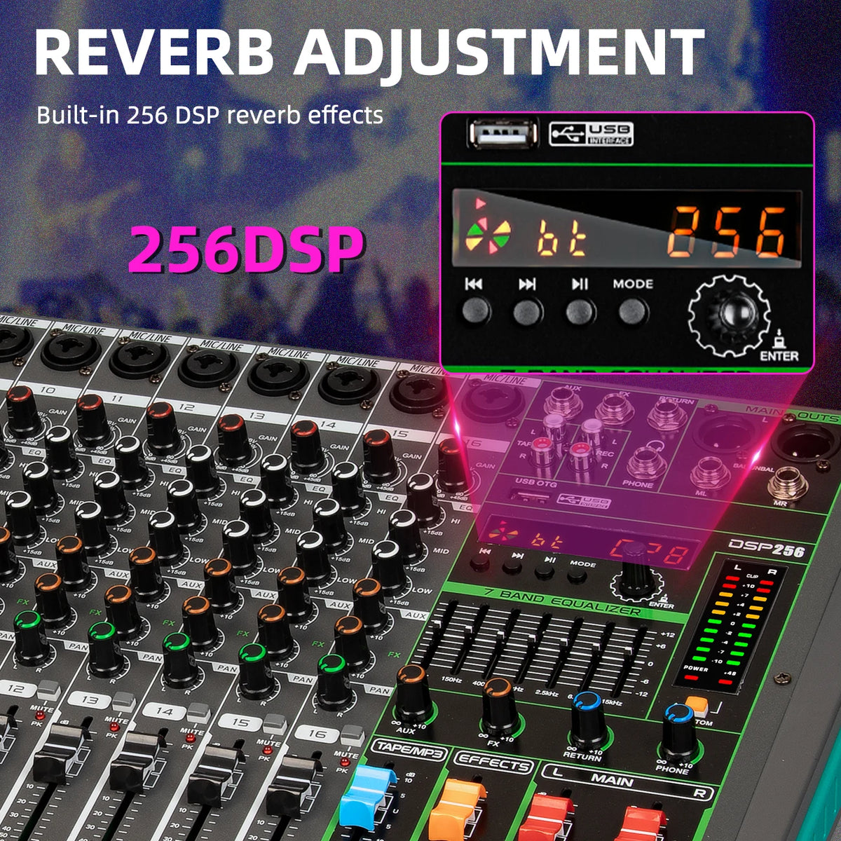 16-Channel USB Audio Mixer for DJs & Musicians with 48V Phantom Power and 256 DSP Effects - Depusheng MG16