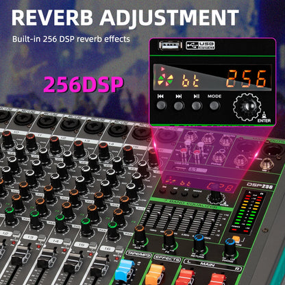 16-Channel USB Audio Mixer for DJs & Musicians with 48V Phantom Power and 256 DSP Effects - Depusheng MG16