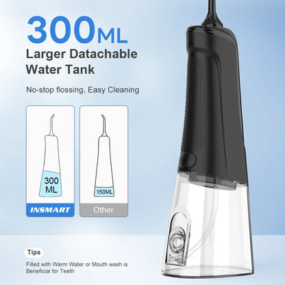 INSMART Portable Oral Irrigator - Waterproof Dental Water Flosser for Teeth Whitening & Cleaning, 300ML Water Tank
