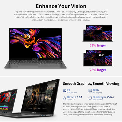Teclast F17 Plus Laptop - 17.3" Full HD, 16GB RAM, 512GB SSD, Intel N150, Windows 11 Pro, 180° Flip, Mini-HDMI, USB 3.2