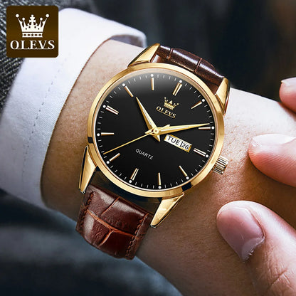 OLEVS Men's Waterproof Quartz Watch - Luxury Casual Fashion Wristwatch with Breathable Leather and Luminous Features