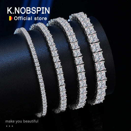 KNOBSPIN Princess Cut Moissanite Bracelet - 18k White Gold Plated, GRA Certified, S925 Sterling Silver Wedding Jewelry for Women