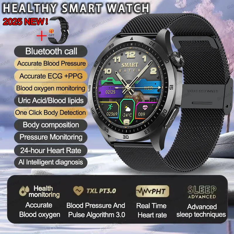2025 Smartwatch for Men - ECG, PPG, Blood Pressure, Uric Acid & Lipid Monitoring with Bluetooth Call Function
