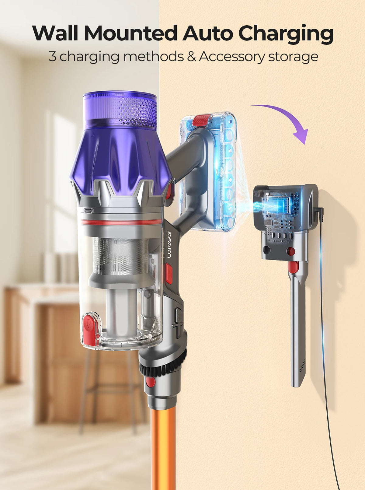 Laresar V7 Cordless Vacuum Cleaner - 500W, 50KPA Suction, Handheld with Removable Battery for Smart Home Cleaning