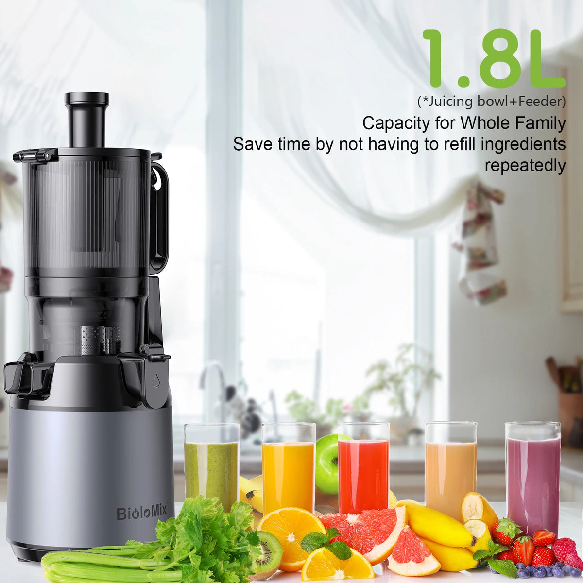 BioloMix Cold Press Juicer for Whole Fruits & Vegetables, 130mm Feed Chute, High Juice Yield, BPA-Free Slow Masticating