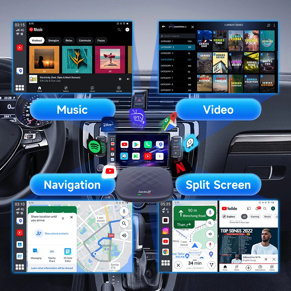 Android 13 CarlinKit AI TV Box for Wireless CarPlay & Android Auto - 8-Core, Split Screen, 64G/128G for Netflix & YouTube